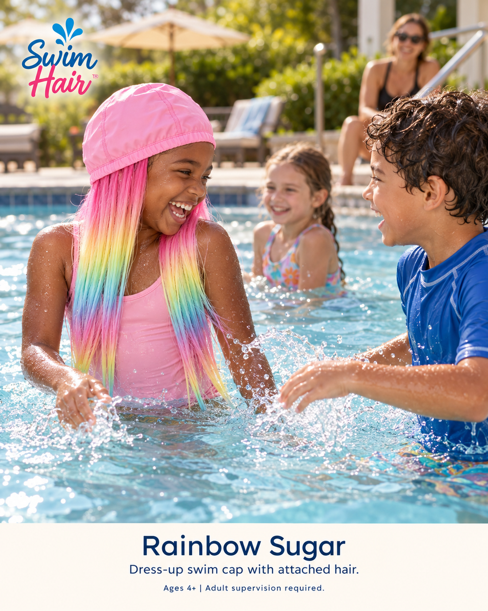 Rainbow Sugar pastel attached hair during supervised splash play