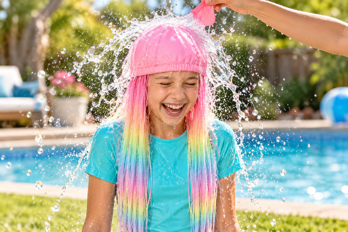 Campaign image of a girl in a pink Rainbow Sugar cap enjoying a water-balloon splash